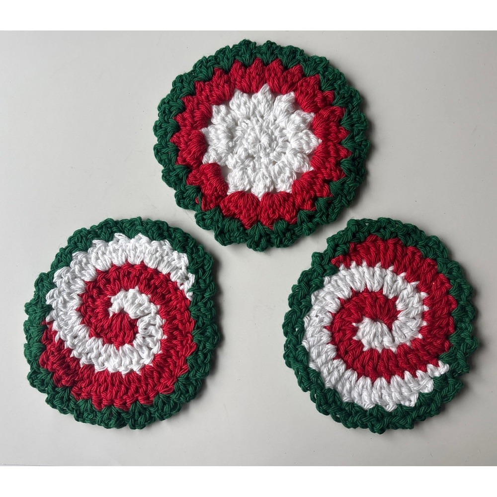 Set of 3 Handmade Crochet Christmas Coasters Peppermint Candy Cane Spiral